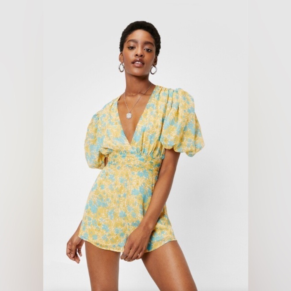 Nasty Gal Womens Floral Chiffon V Neck Puff Sleeve Playsuit - Yellow - 8